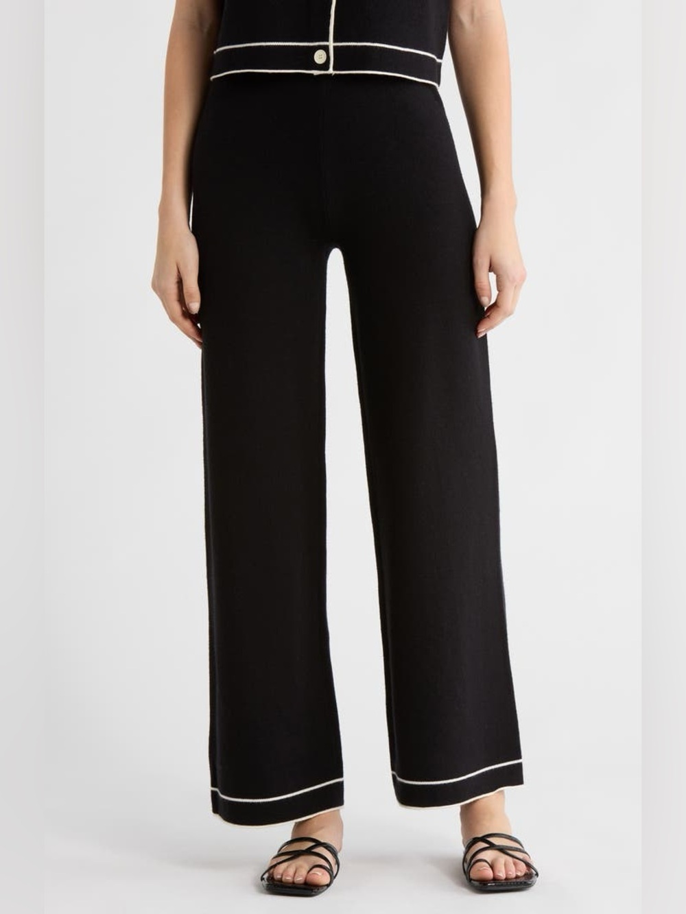 Elie Tahari Black Wide-Leg Knit Pants with White Contrast Trim - Picture 1 of 5
